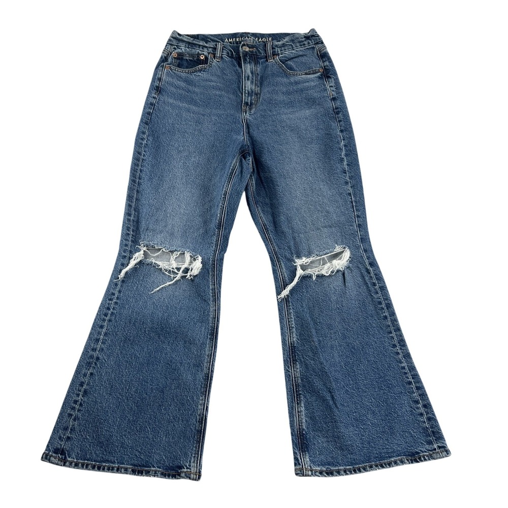American Eagle Curvy 90s Bootcut 10 Short Blue Women Distressed High Rise Jeans